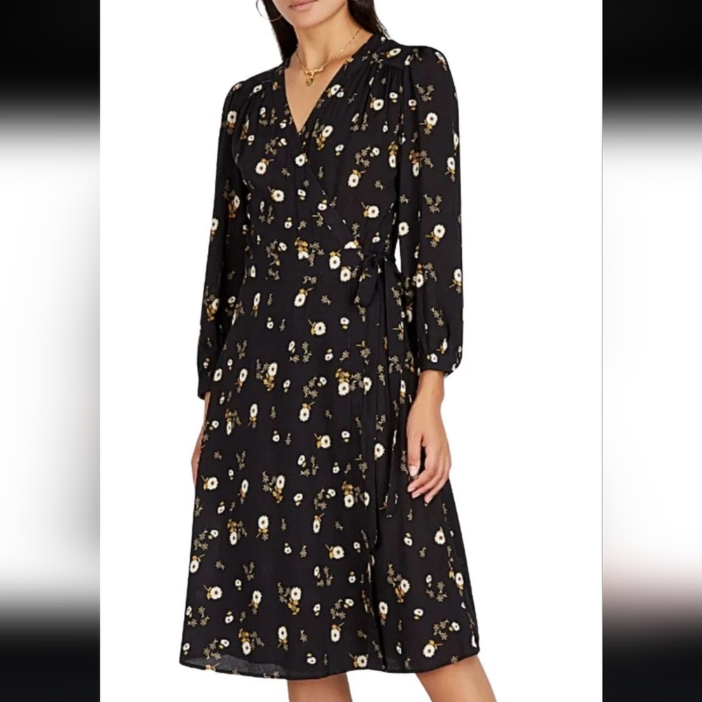 🇱🇷Velvet By Graham & Spencer XS Nadia Printed Challis Wrap Dress Black Jasmine